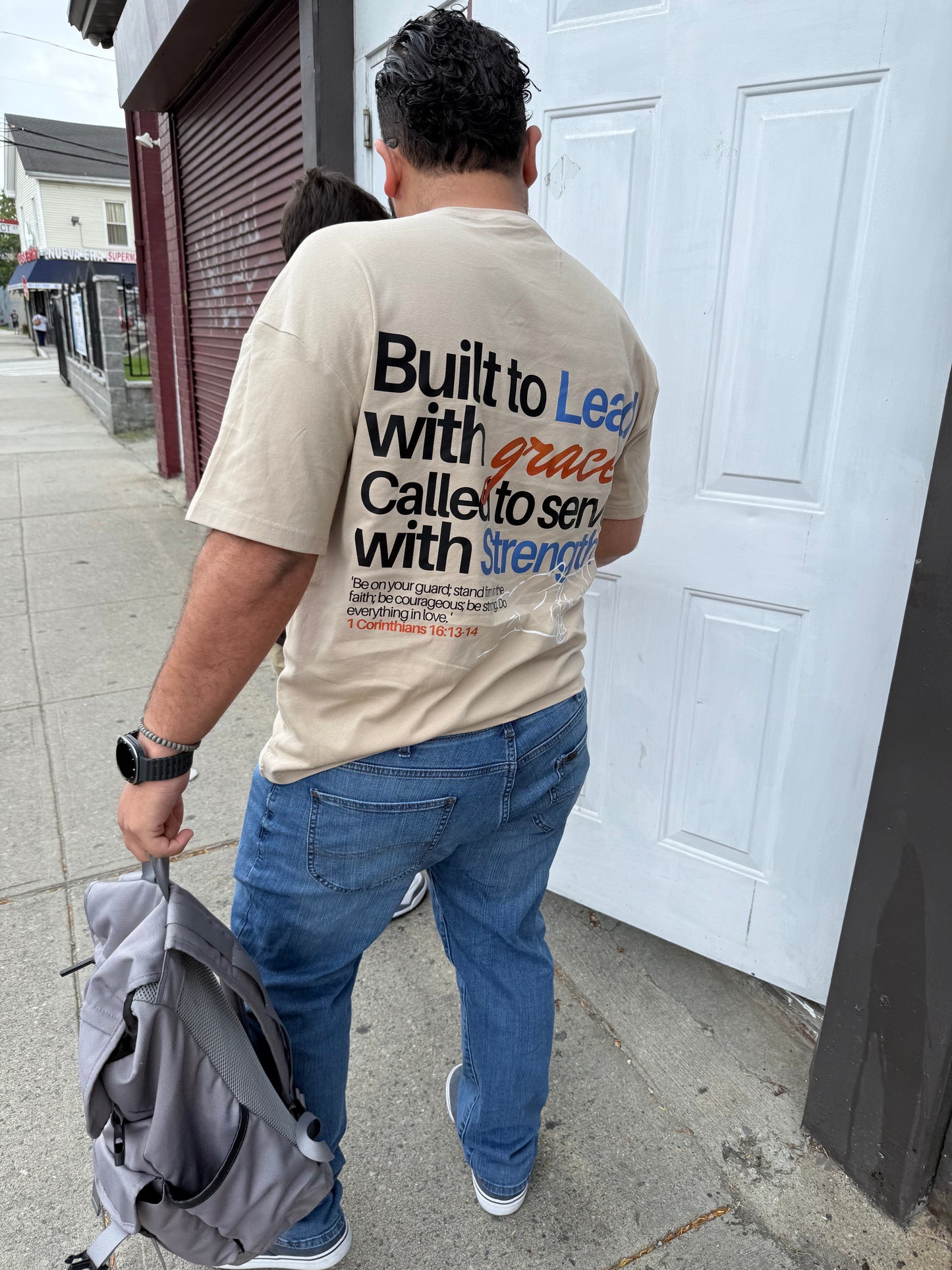 Built to Lead with Grace | Father's Day Christian T-Shirt – Dad and Daughter Silhouette in Orange and Blue – Nude Oversized Tee
