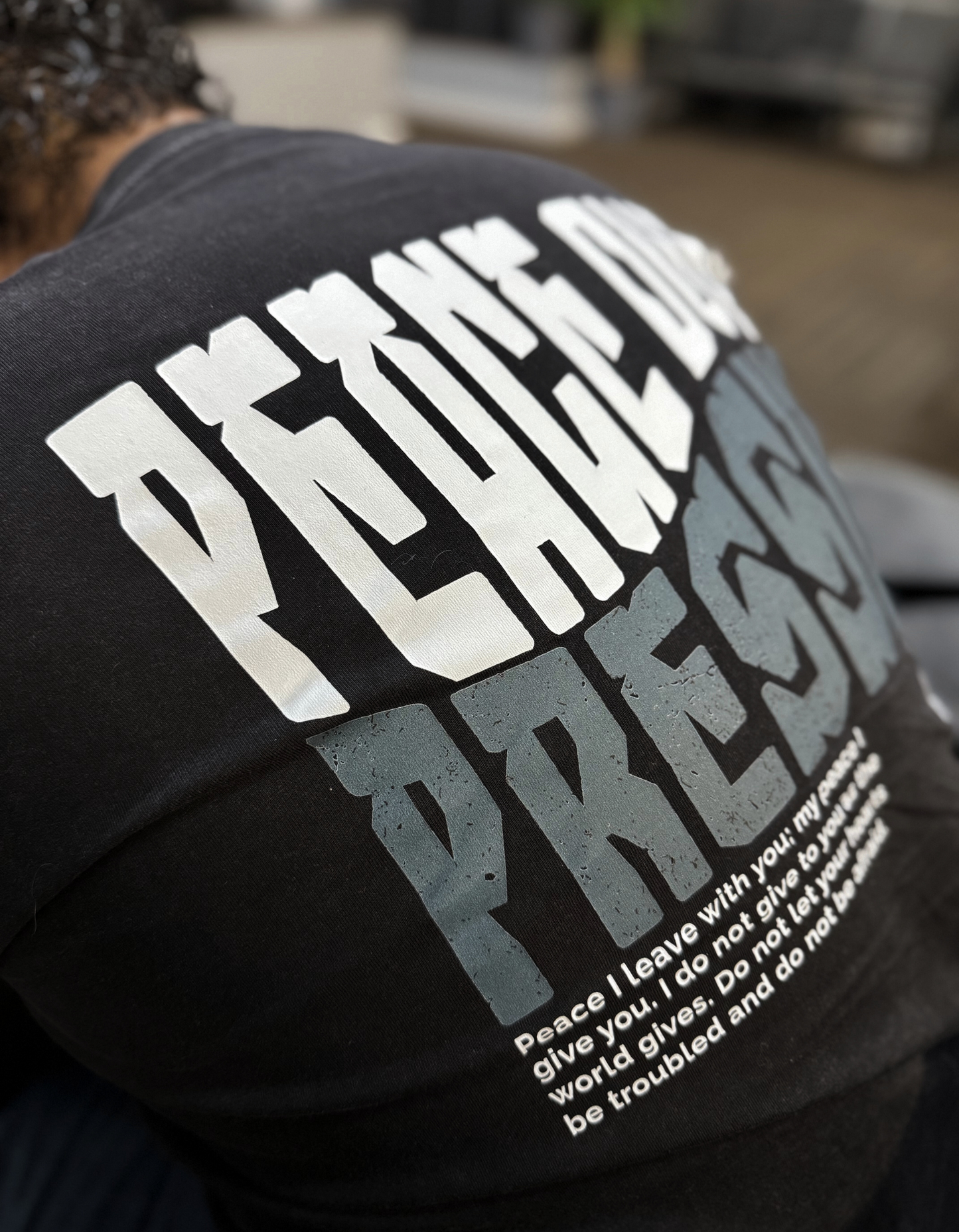 Peace Over Pressure Oversized Men's Christian T-Shirt – Washed Black with Minimal Cross | John 14:27