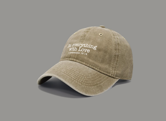 Overflow Collection – 1 Corinthians 16:14 | Do Everything with Love Christian Hat (Faith Blue, Light of Joy Yellow, Desert Grace Beige)
