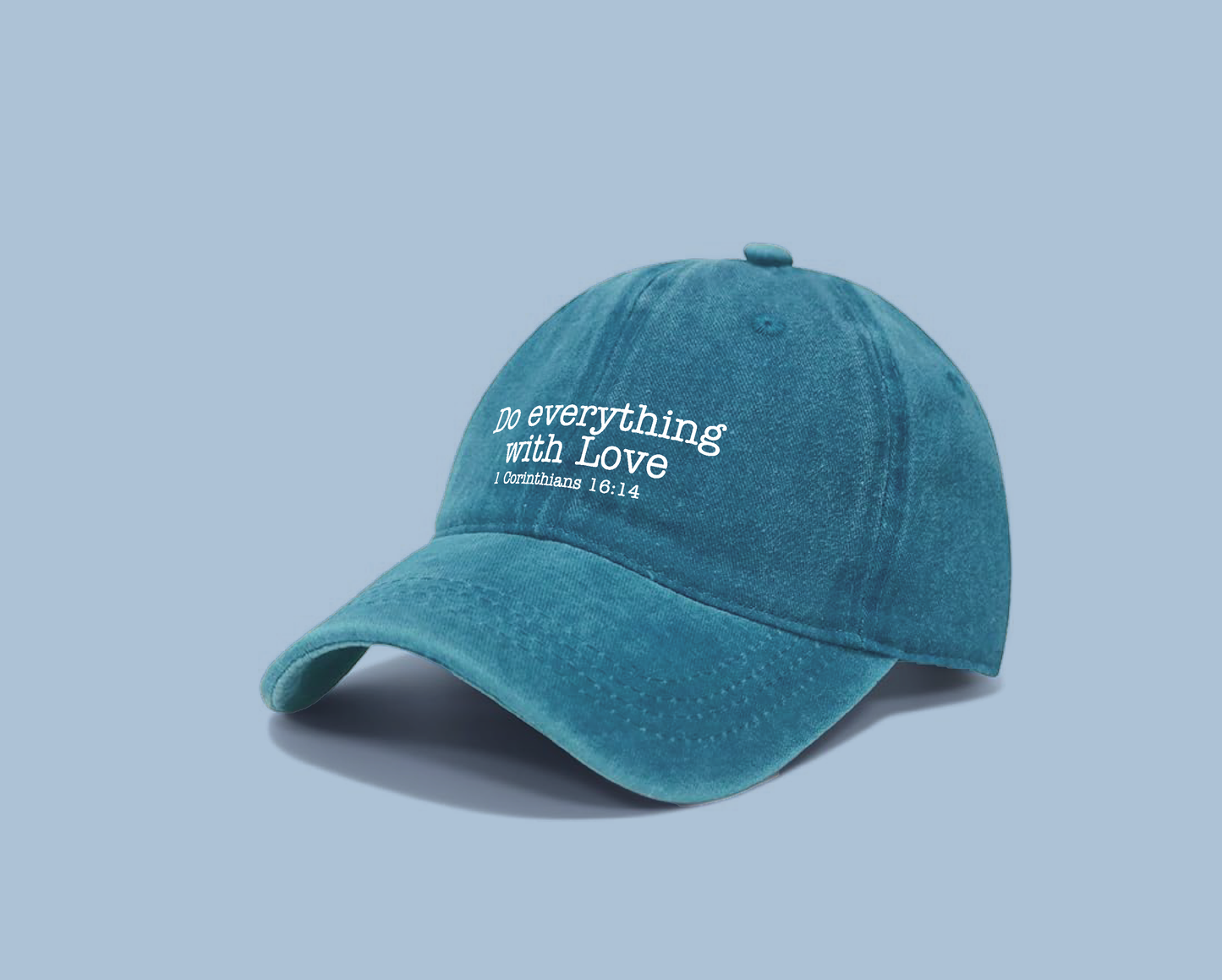 Overflow Collection – 1 Corinthians 16:14 | Do Everything with Love Christian Hat (Faith Blue, Light of Joy Yellow, Desert Grace Beige)