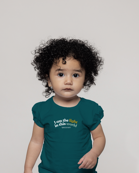 I Am the Light of the World Kids Christian T-Shirt – John 9:5 Scripture Tee in Teal | Tiny Disciples Collection