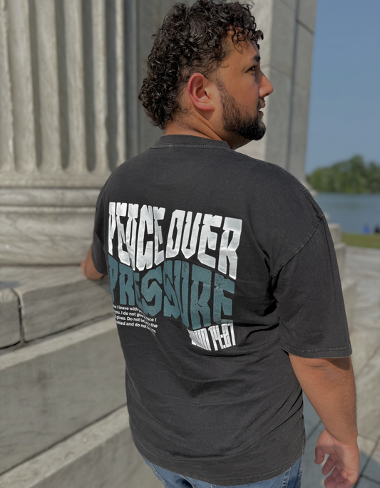 Peace Over Pressure Oversized Men's Christian T-Shirt – Washed Black with Minimal Cross | John 14:27