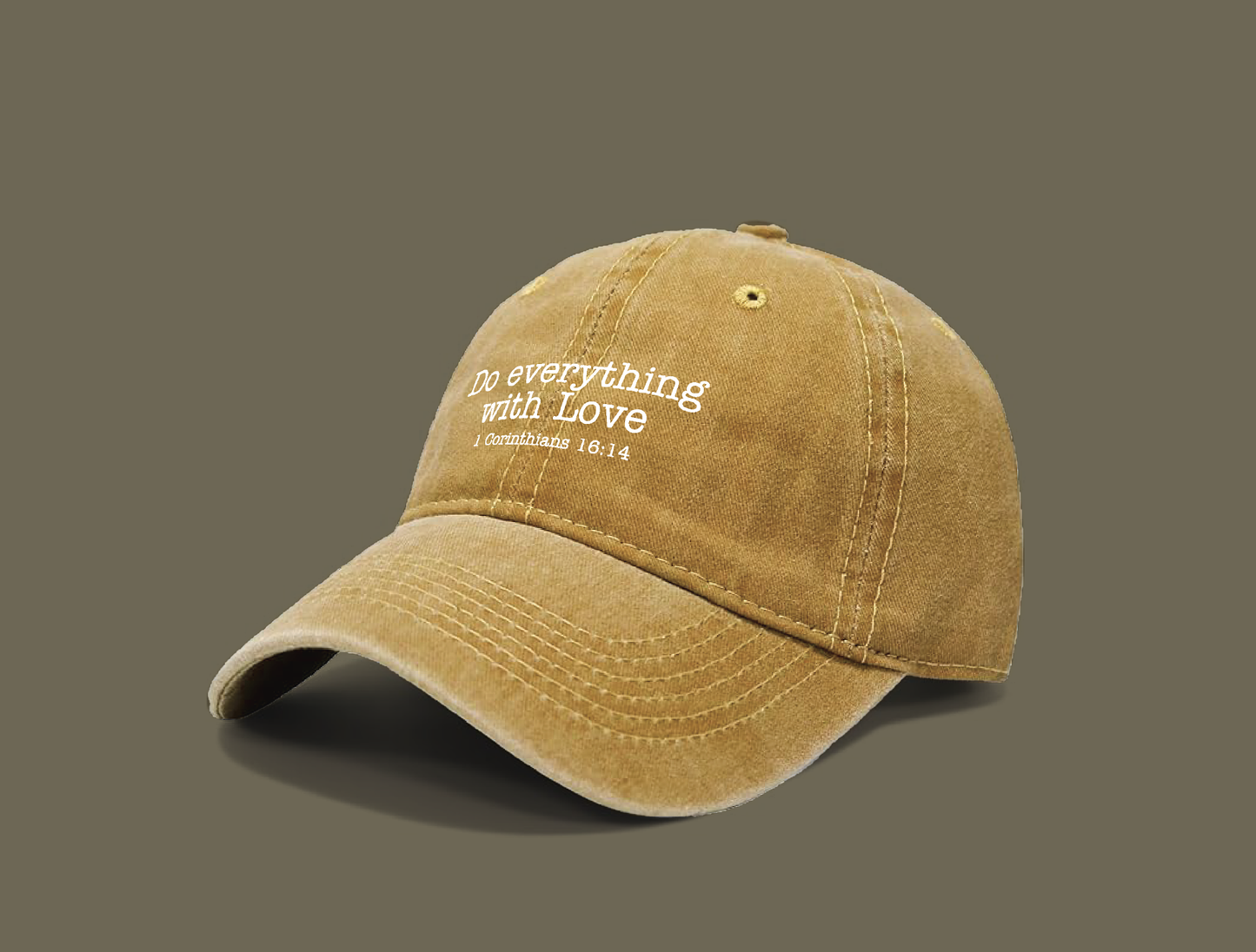 Overflow Collection – 1 Corinthians 16:14 | Do Everything with Love Christian Hat (Faith Blue, Light of Joy Yellow, Desert Grace Beige)
